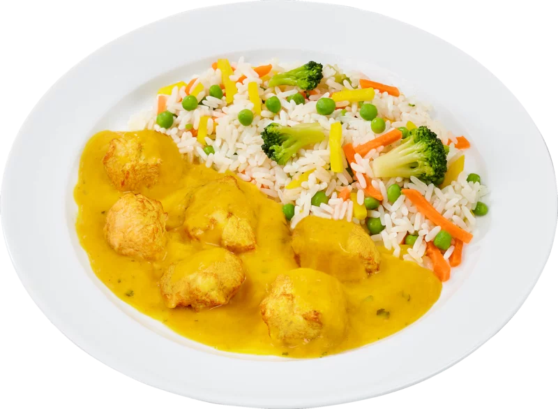 Hähnchencurry "Indische Art", Hähnchen in einer milden Currysoße, dazu Gemüse-Reis