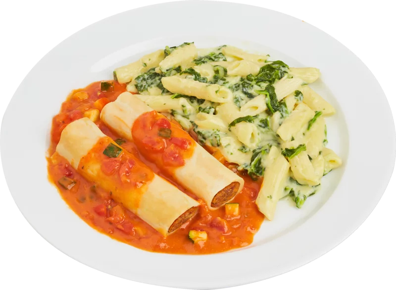 Pasta Duett, Cannelloni gefüllt mit Rinderhackfleisch in Tomaten-Sahne-Soße und Penne in Käse-Spinat-Soße