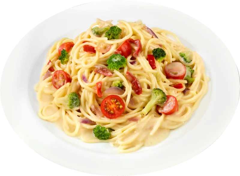 Spaghetti in Brokkoli-Käsesoße mit buntem Gemüse